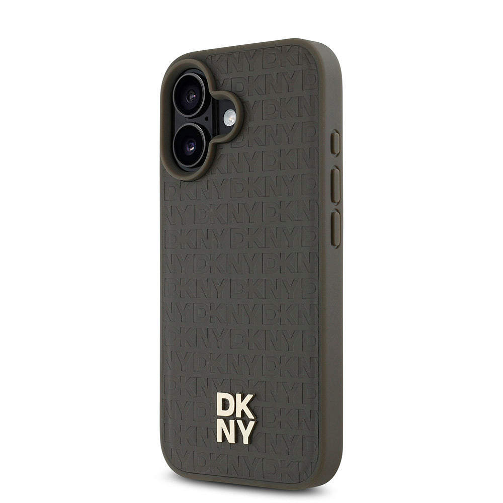 iPhone 16 Plus Kılıf DKNY Orjinal Lisanslı Magsafe Şarj Özellikli 3D Yazılı Repeat Pattern Kılıf Kahverengi