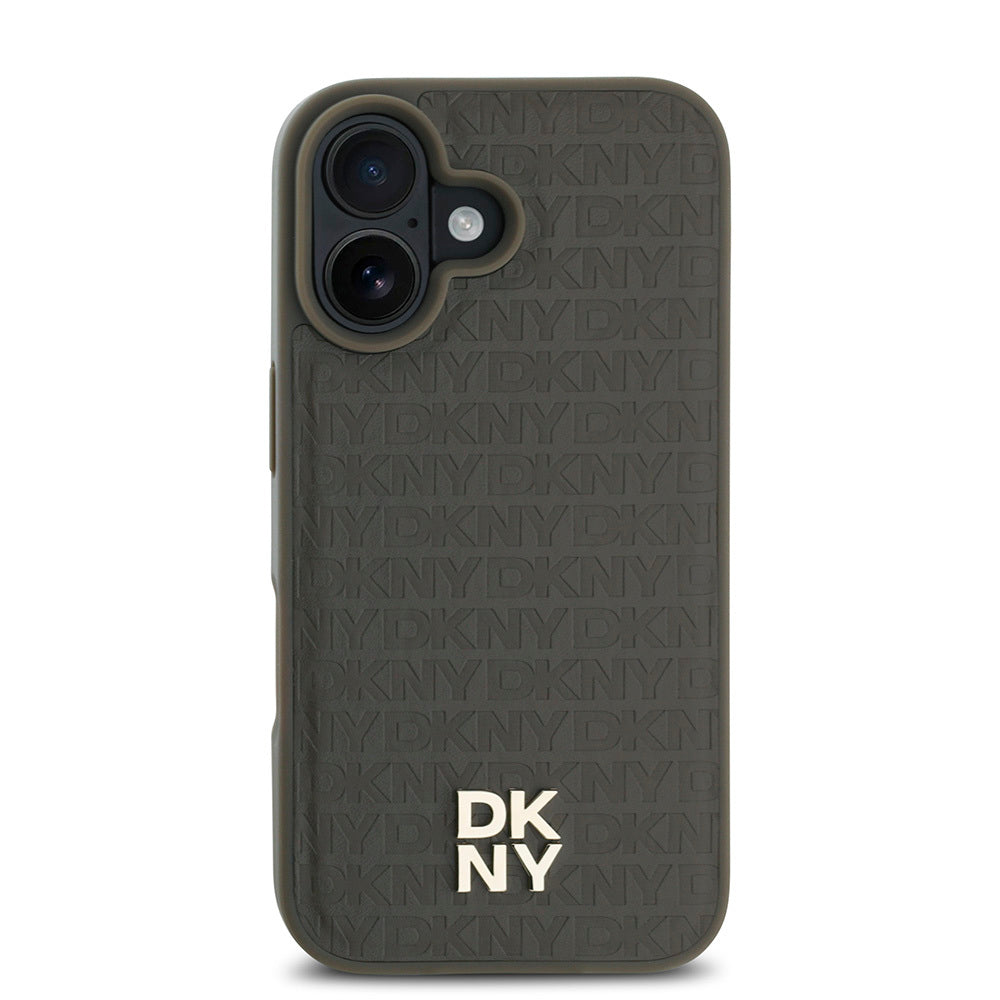 iPhone 16 Plus Kılıf DKNY Orjinal Lisanslı Magsafe Şarj Özellikli 3D Yazılı Repeat Pattern Kılıf Kahverengi