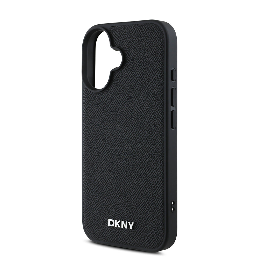 iPhone 16 Plus Kılıf DKNY Orjinal Lisanslı Magsafe Şarj Özellikli Metal Logolu PU Deri Grained Kılıf Siyah