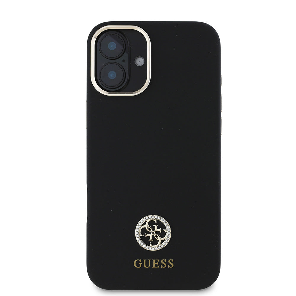 Apple iPhone 16 Plus Kılıf Guess Orjinal Lisanslı Yazı ve Taşlı 4G Logolu Metal Kamera Çerçeveli Silikon Kapak Siyah