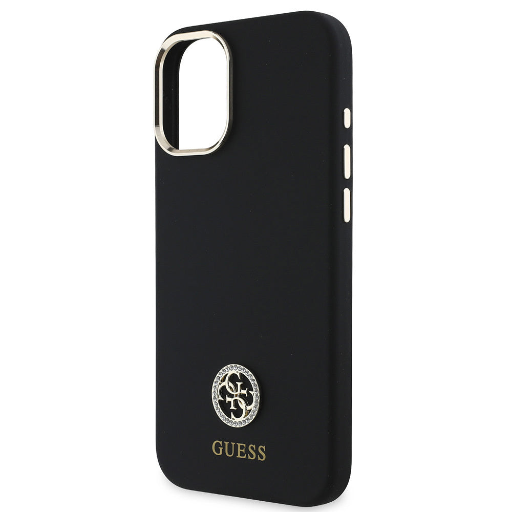 Apple iPhone 16 Plus Kılıf Guess Orjinal Lisanslı Yazı ve Taşlı 4G Logolu Metal Kamera Çerçeveli Silikon Kapak Siyah