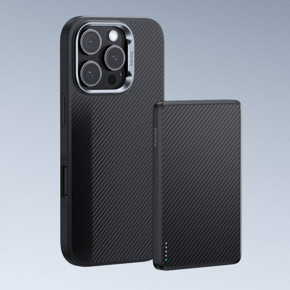 iPhone 16 Plus Kılıf Karbon Fiber Magsafe Şarj Özellikli Benks Hybrid ArmorPro 600D Kevlar Kılıf Siyah