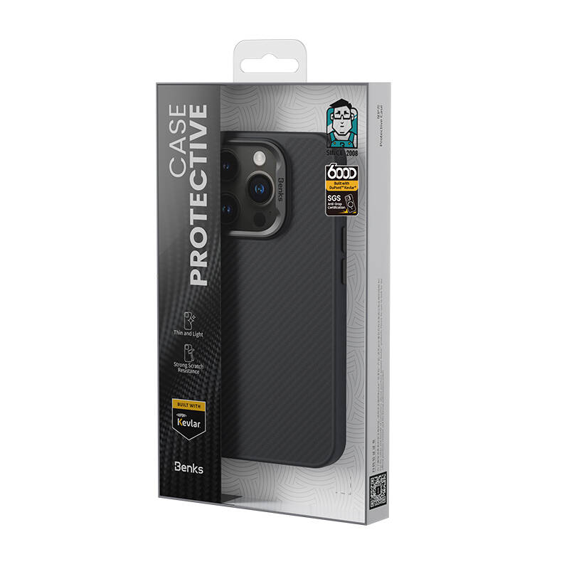 iPhone 16 Plus Kılıf Karbon Fiber Magsafe Şarj Özellikli Benks Hybrid ArmorPro 600D Kevlar Kılıf Siyah