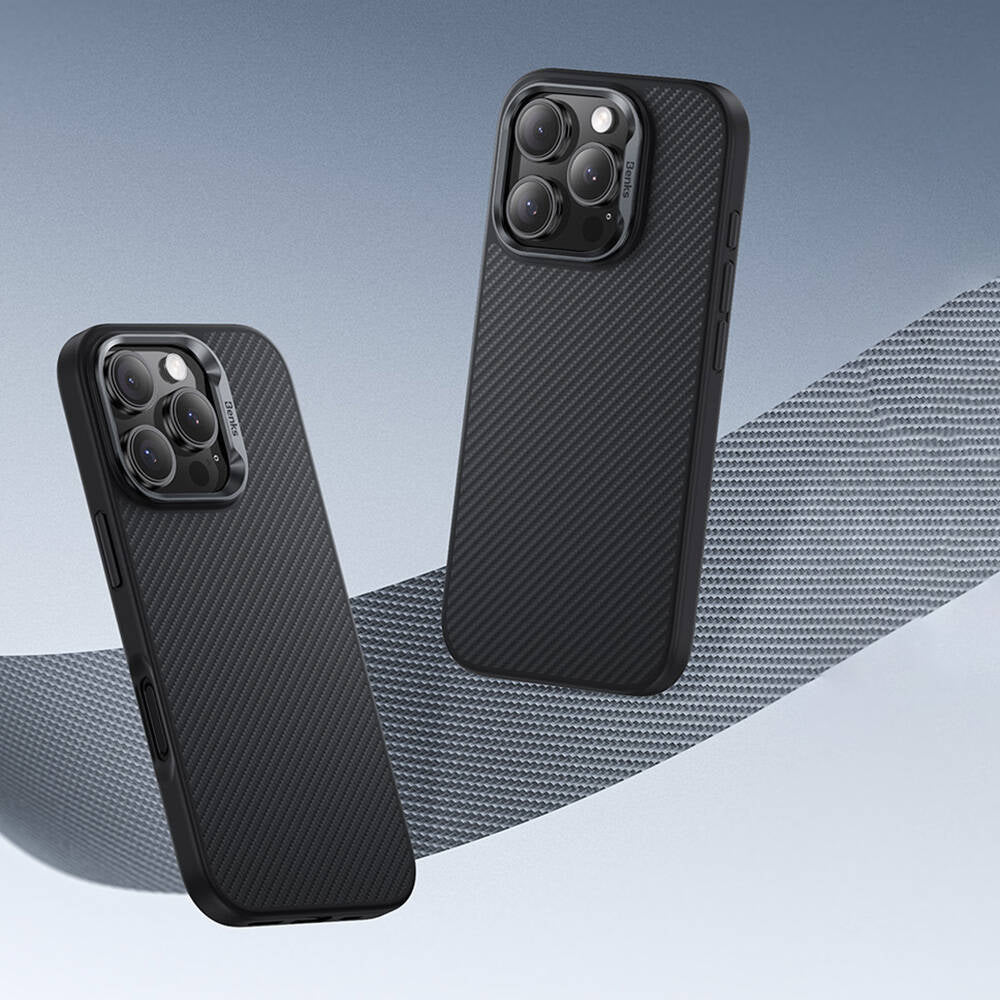 iPhone 16 Plus Kılıf Karbon Fiber Magsafe Şarj Özellikli Benks Hybrid ArmorPro 600D Kevlar Kılıf Siyah