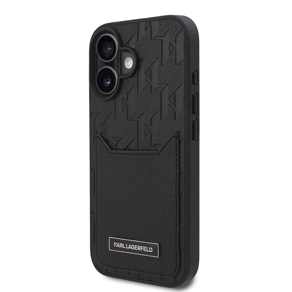 iPhone 16 Plus Kılıf Karl Lagerfeld Orjinal Lisanslı Kartlıklı Cardslot Monogram Kılıf Siyah