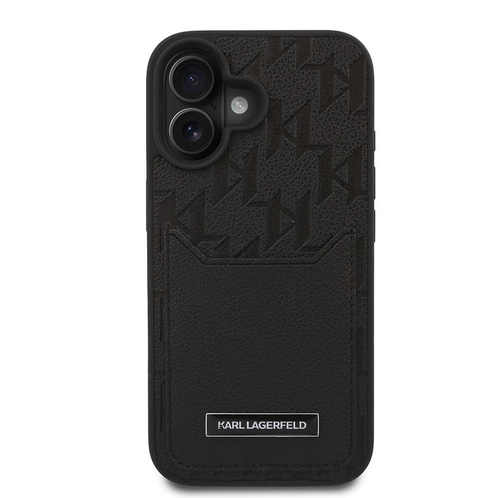 iPhone 16 Plus Kılıf Karl Lagerfeld Orjinal Lisanslı Kartlıklı Cardslot Monogram Kılıf Siyah