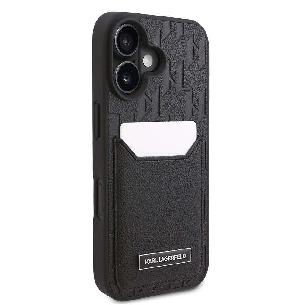 iPhone 16 Plus Kılıf Karl Lagerfeld Orjinal Lisanslı Kartlıklı Cardslot Monogram Kılıf Siyah