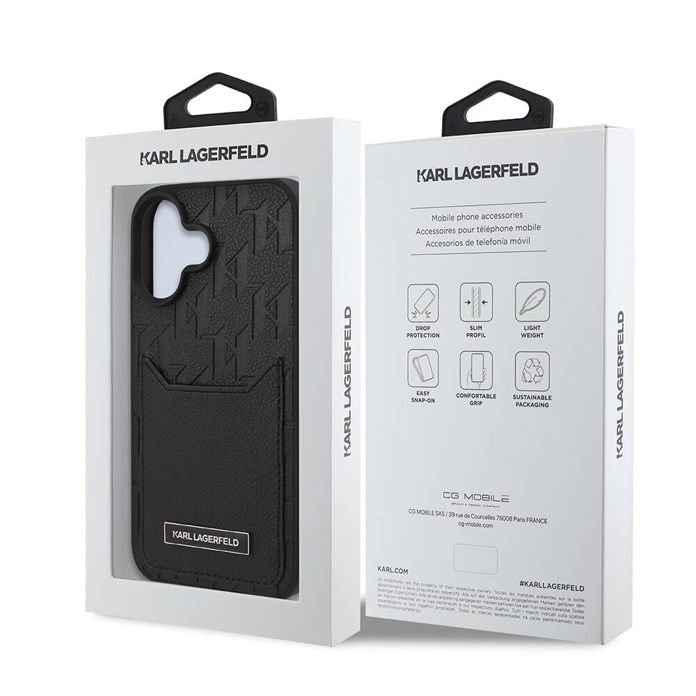 iPhone 16 Plus Kılıf Karl Lagerfeld Orjinal Lisanslı Kartlıklı Cardslot Monogram Kılıf Siyah
