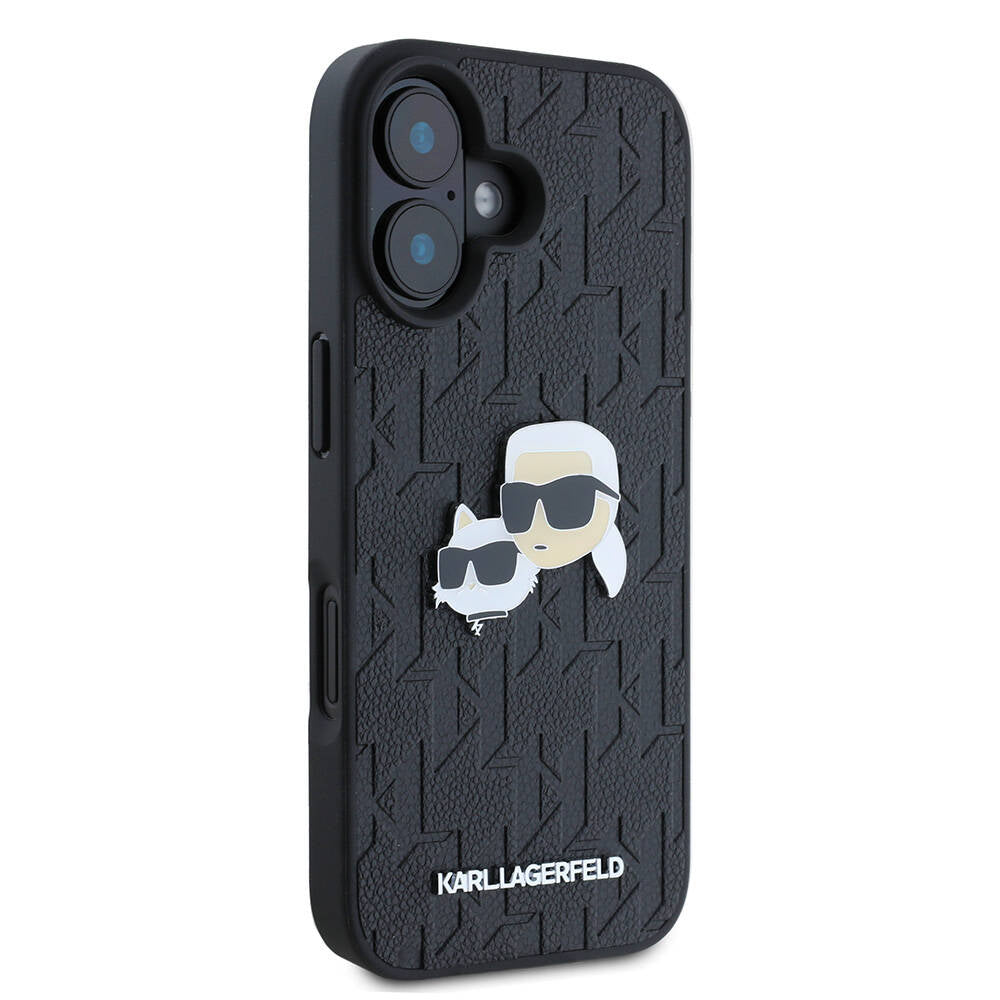 iPhone 16 Plus Kılıf Karl Lagerfeld Orjinal Lisanslı K&C Heads Monogram Pin Kılıf Siyah