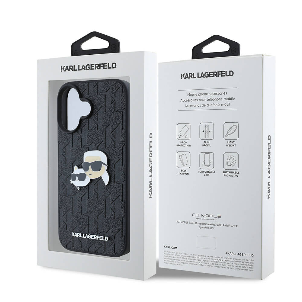 iPhone 16 Plus Kılıf Karl Lagerfeld Orjinal Lisanslı K&C Heads Monogram Pin Kılıf Siyah