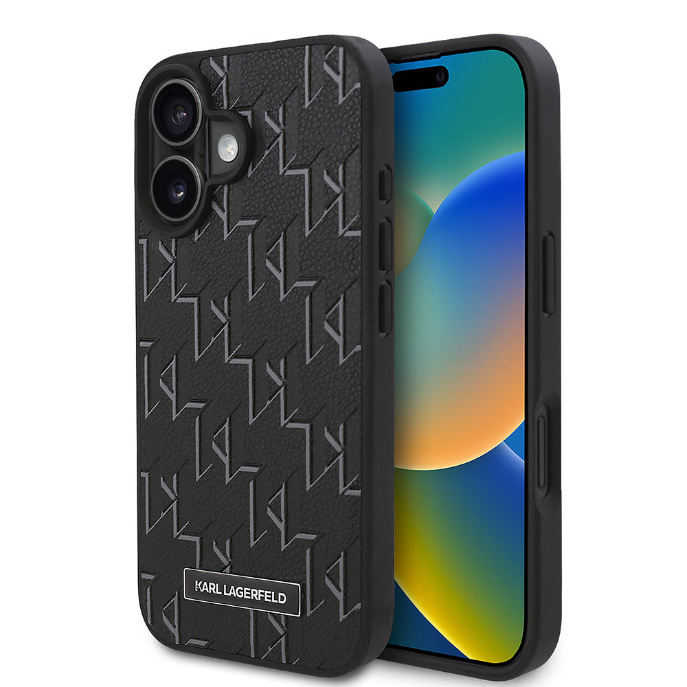 iPhone 16 Plus Kılıf Karl Lagerfeld Orjinal Lisanslı Magsafe Şarj Özellikli KL Yazılı Hot Stamp Kılıf Siyah