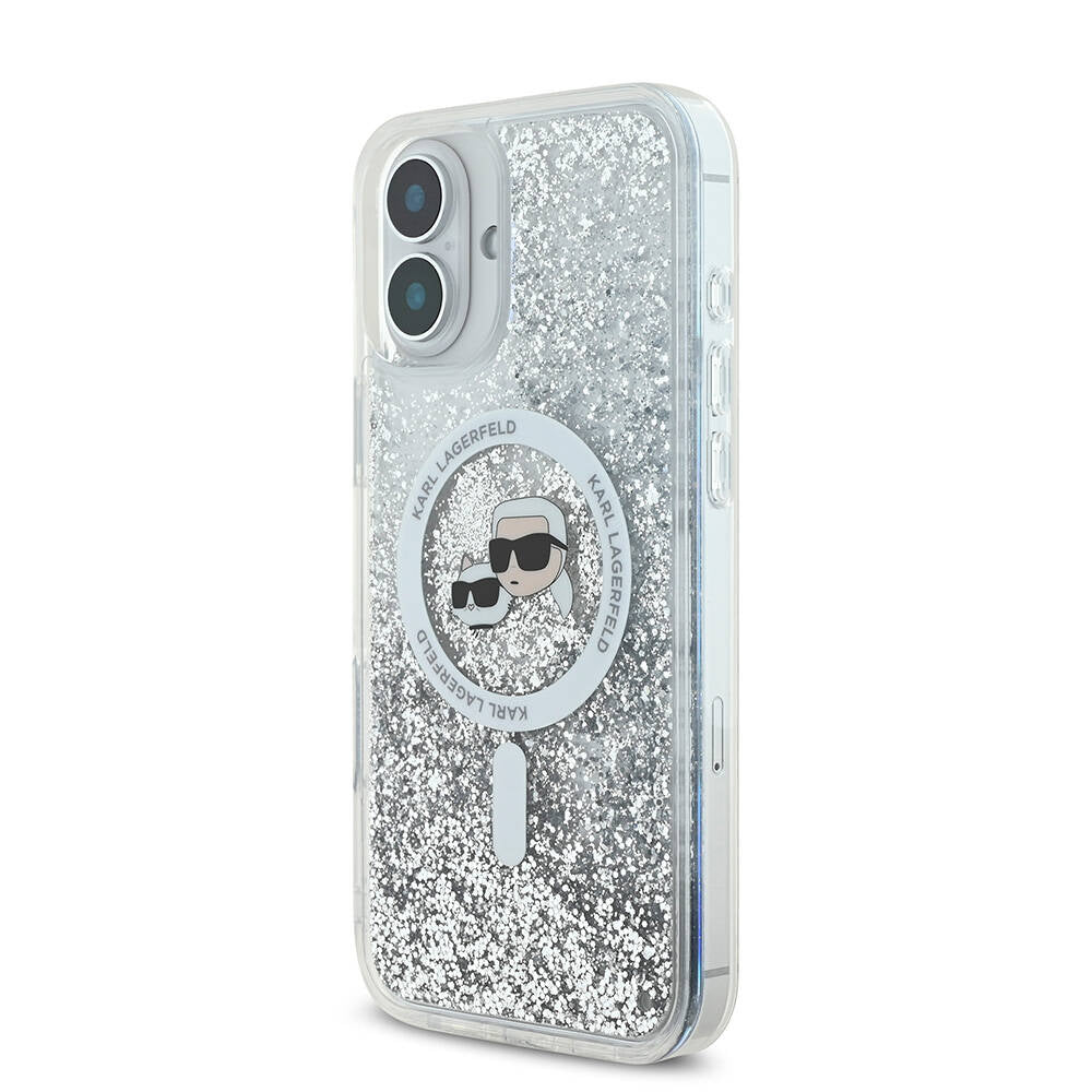 iPhone 16 Plus Kılıf Karl Lagerfeld Orjinal Lisanslı Magsafe Şarj Özellikli Sıvılı Simli K&C Heads Kılıf Şeffaf