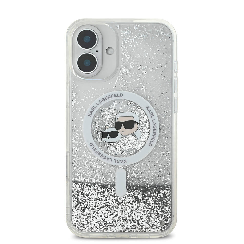 iPhone 16 Plus Kılıf Karl Lagerfeld Orjinal Lisanslı Magsafe Şarj Özellikli Sıvılı Simli K&C Heads Kılıf Şeffaf