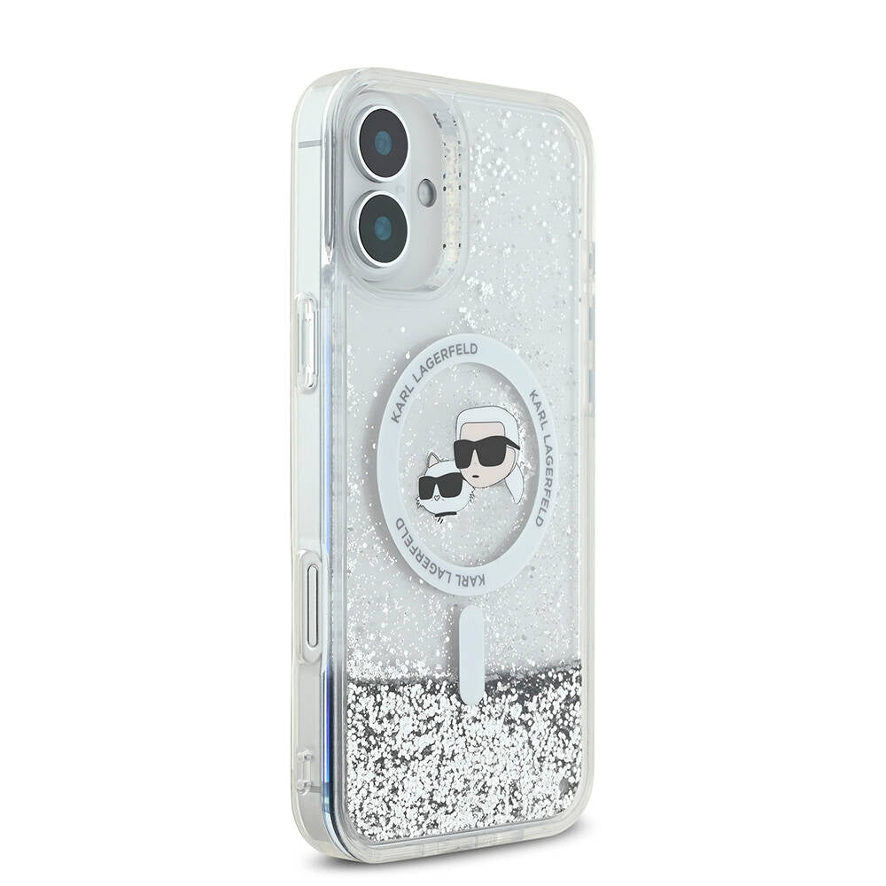 iPhone 16 Plus Kılıf Karl Lagerfeld Orjinal Lisanslı Magsafe Şarj Özellikli Sıvılı Simli K&C Heads Kılıf Şeffaf