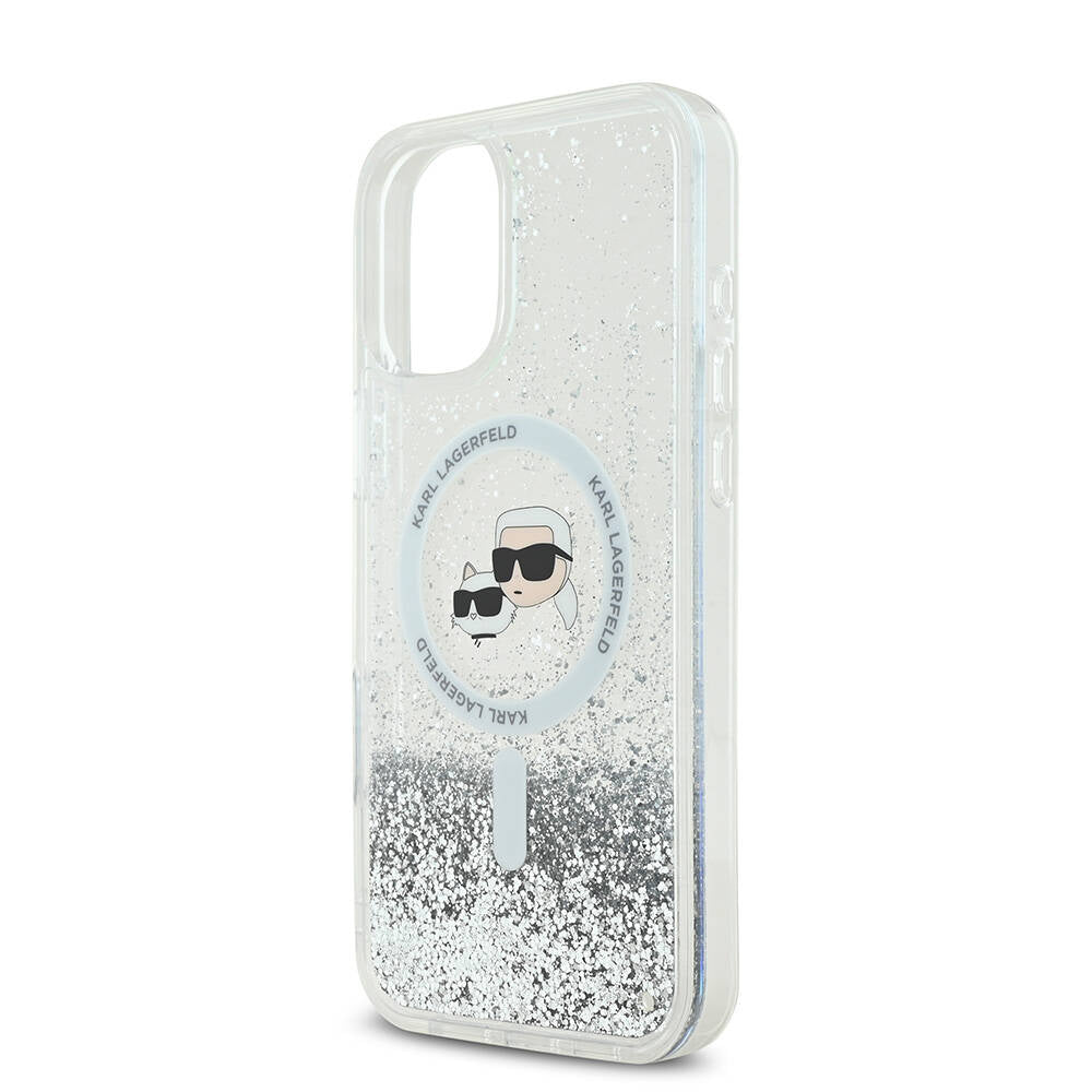 iPhone 16 Plus Kılıf Karl Lagerfeld Orjinal Lisanslı Magsafe Şarj Özellikli Sıvılı Simli K&C Heads Kılıf Şeffaf