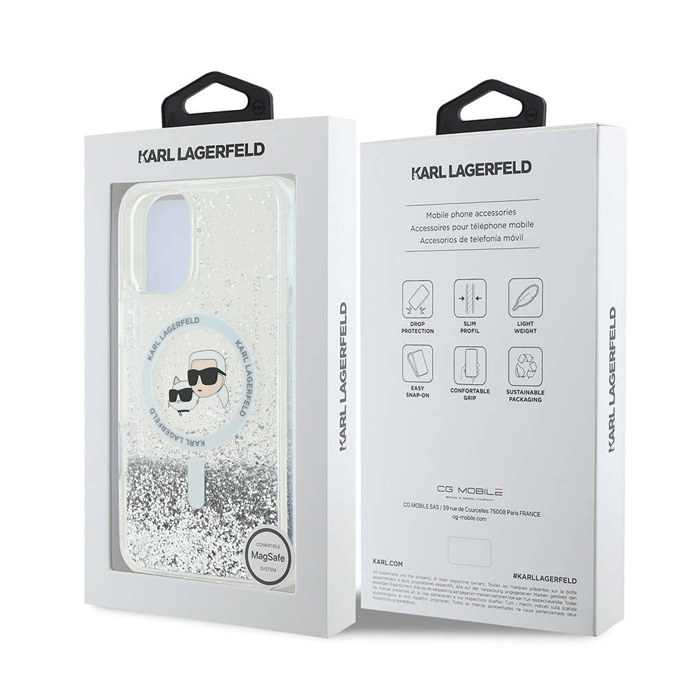 iPhone 16 Plus Kılıf Karl Lagerfeld Orjinal Lisanslı Magsafe Şarj Özellikli Sıvılı Simli K&C Heads Kılıf Şeffaf