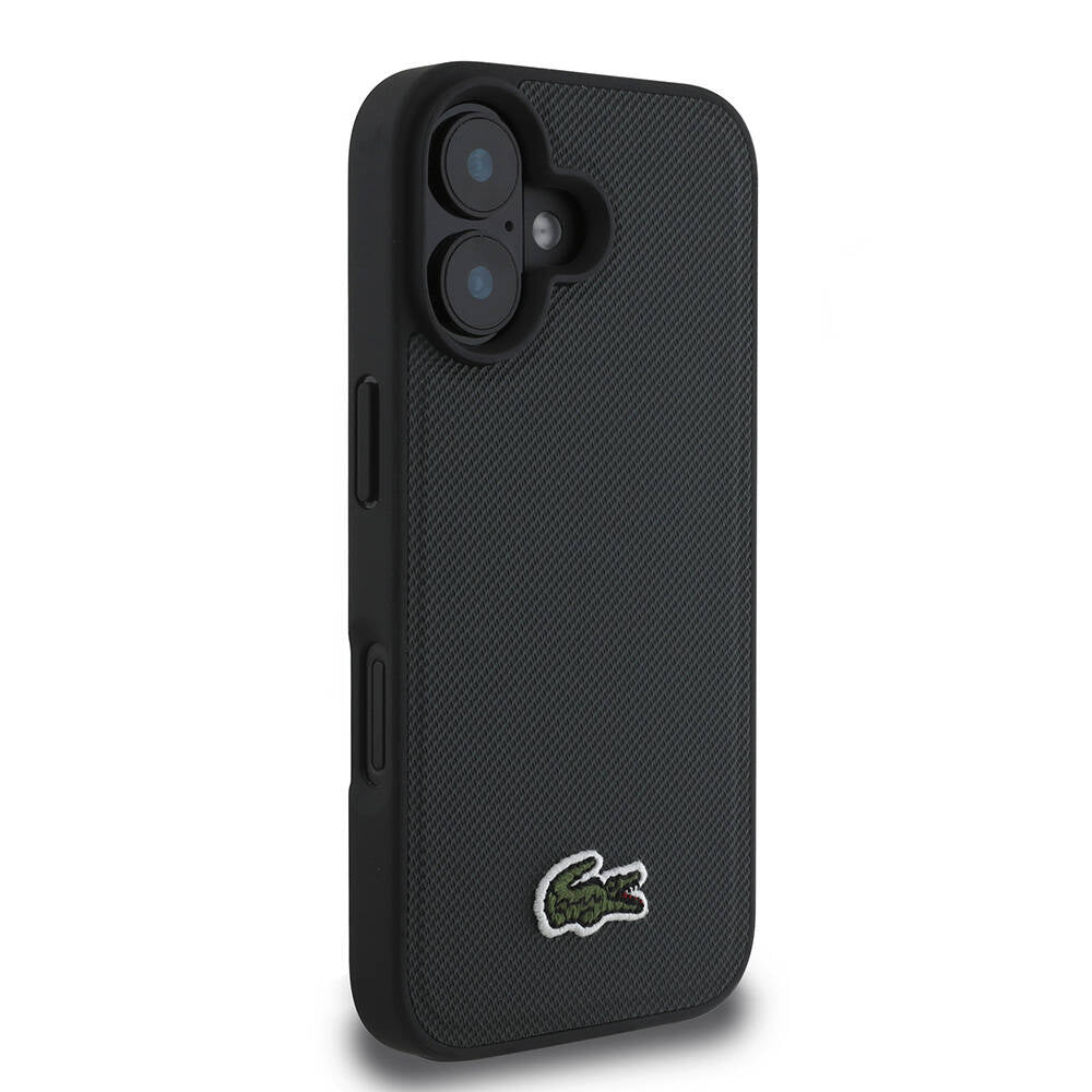 iPhone 16 Plus Kılıf Lacoste Orjinal Lisanslı PU Pike Desenli Arka Yüzey İkonik Timsah Dokuma Logolu Kılıf Siyah