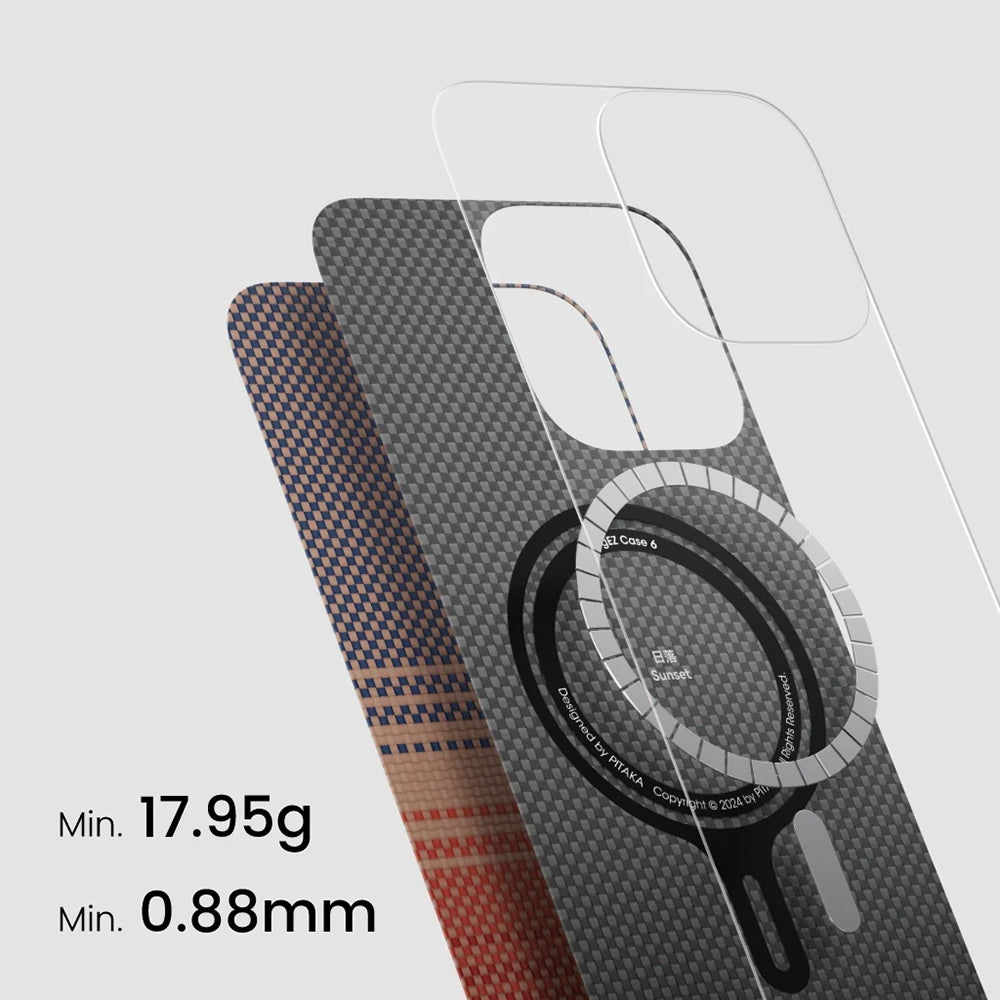 iPhone 16 Plus Kılıf Magsafe Şarj Özellikli Aramid Fiber Pitaka Tactile Woven Sunset-Moonrise Serisi Sunset Kılıf Kahverengi