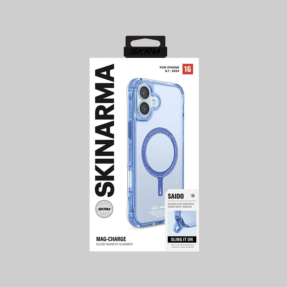 iPhone 16 Plus Kılıf Magsafe Şarj Özellikli Şeffaf Airbag Tasarımlı Skinarma Saido Kılıf Mavi