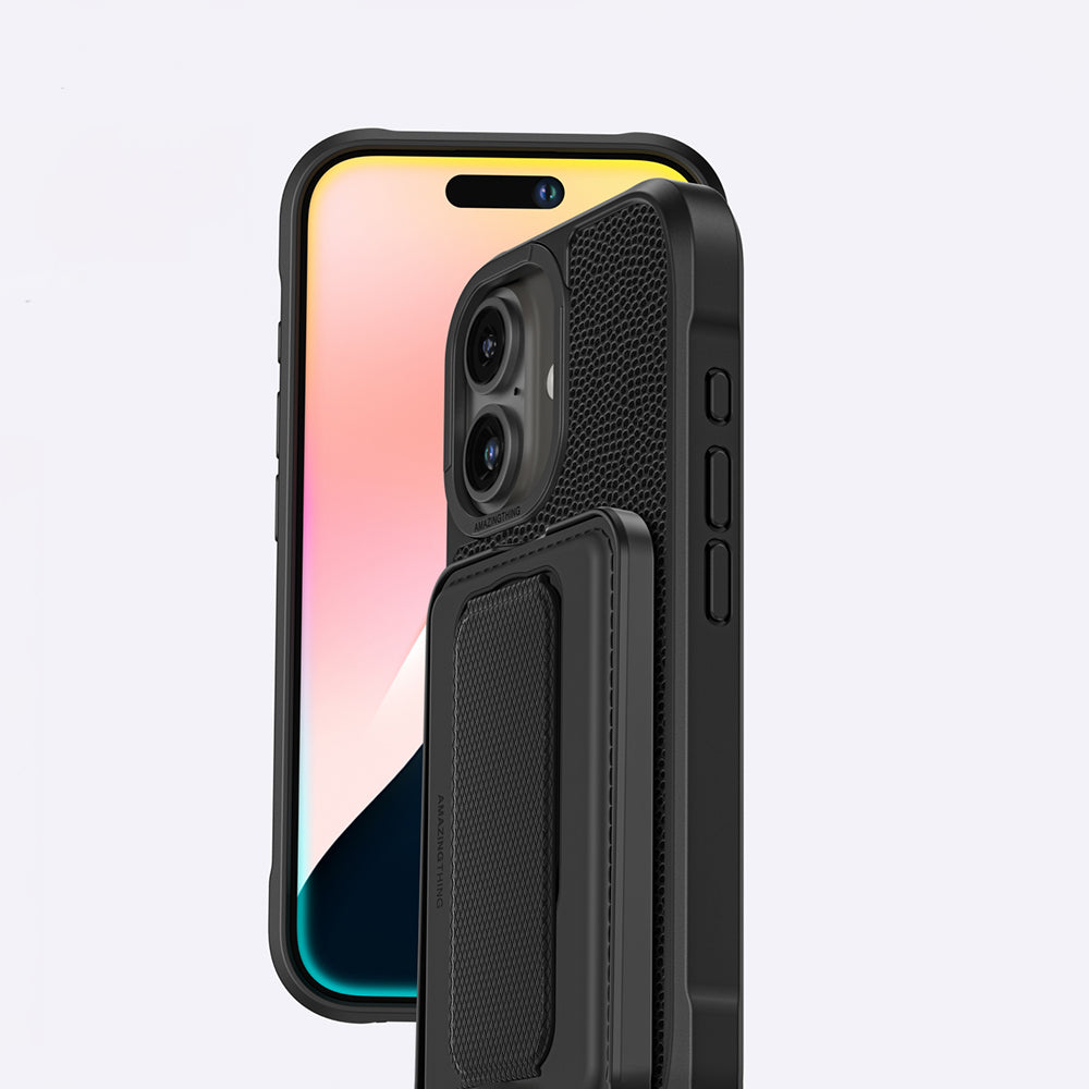 iPhone 16 Plus Kılıf Magsafe Şarj Özellikli Standlı Kartlıklı Set Amazinghing Glamour Luxe Serisi Kılıf Siyah