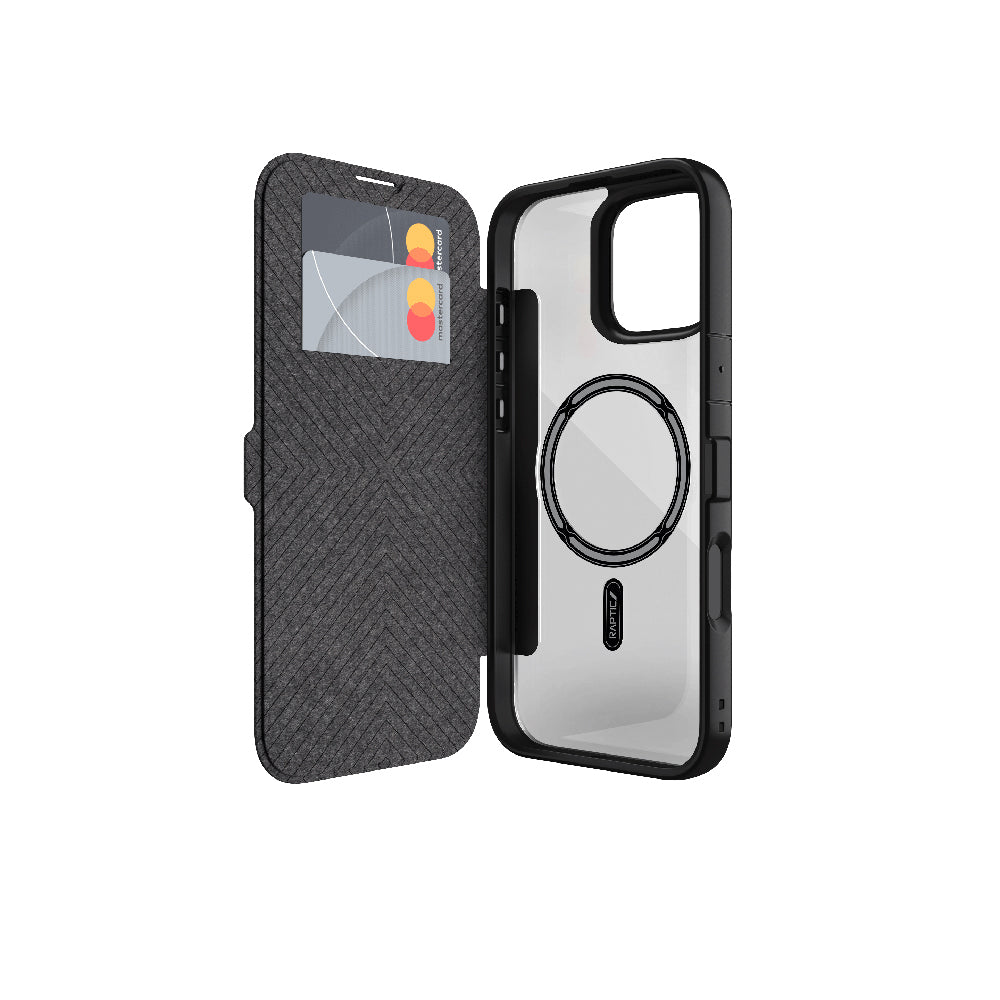 iPhone 16 Plus Kılıf Magsafe Şarj Özellikli Vegan Deri Tasarımlı Şeffaf Arka Yüzey Kartlıklı Raptic Urban Folio Serisi Kılıf Siyah