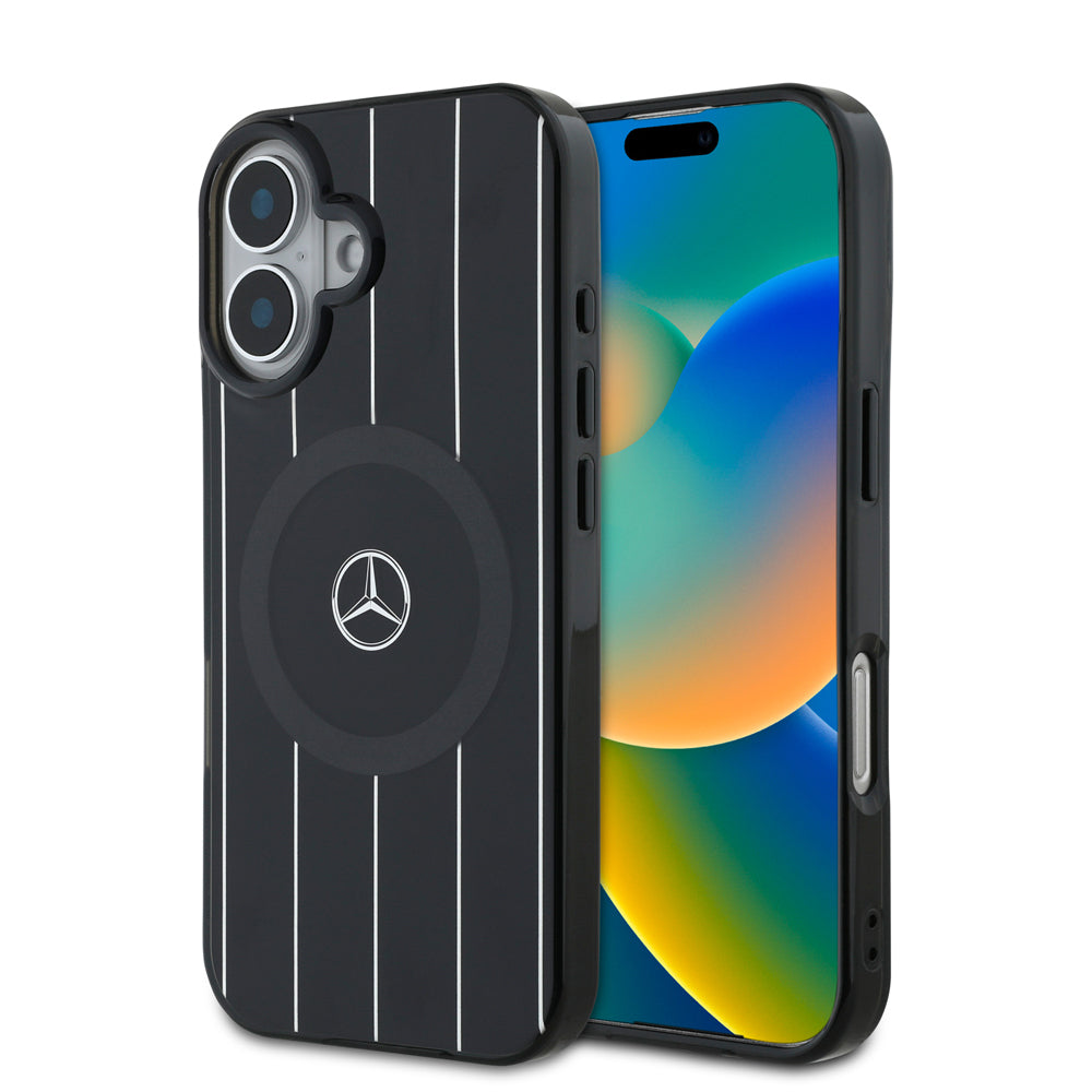 iPhone 16 Plus Kılıf Mercedes Benz Orjinal Lisanslı Magsafe Şarj Özellikli Çift Katmanlı Paralel Çizgi Desenli Kılıf Siyah
