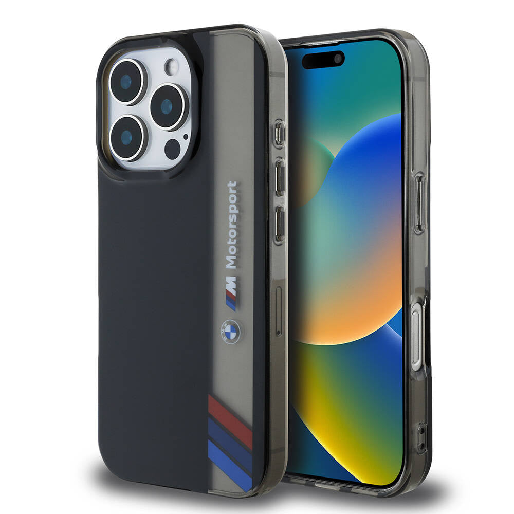 iPhone 16 Pro Kılıf BMW Orjinal Lisanslı M Logolu Üç Renk Çizgili Motorsport Vertical Stripe Kılıf Siyah