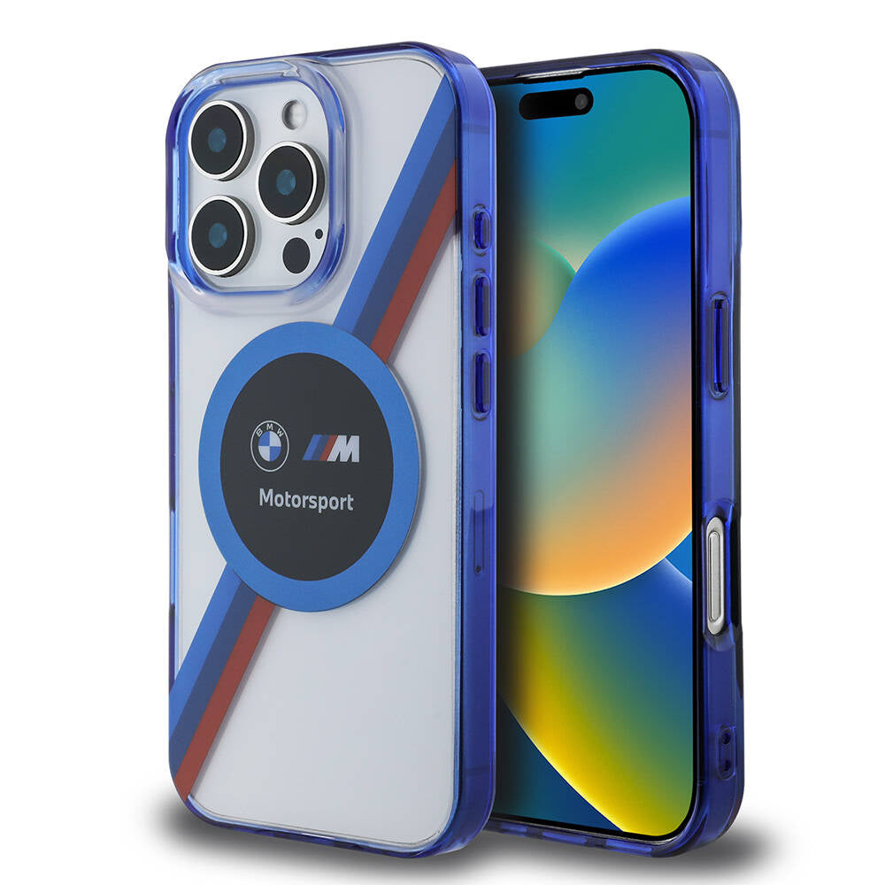 iPhone 16 Pro Kılıf BMW Orjinal Lisanslı Magsafe Şarj Özellikli M Logolu Üç Renk Çizgili Motorsport Circle Kılıf Şeffaf