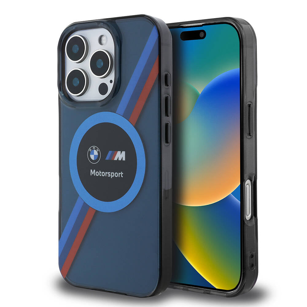 iPhone 16 Pro Kılıf BMW Orjinal Lisanslı Magsafe Şarj Özellikli M Logolu Üç Renk Çizgili Motorsport Circle Kılıf Lacivert