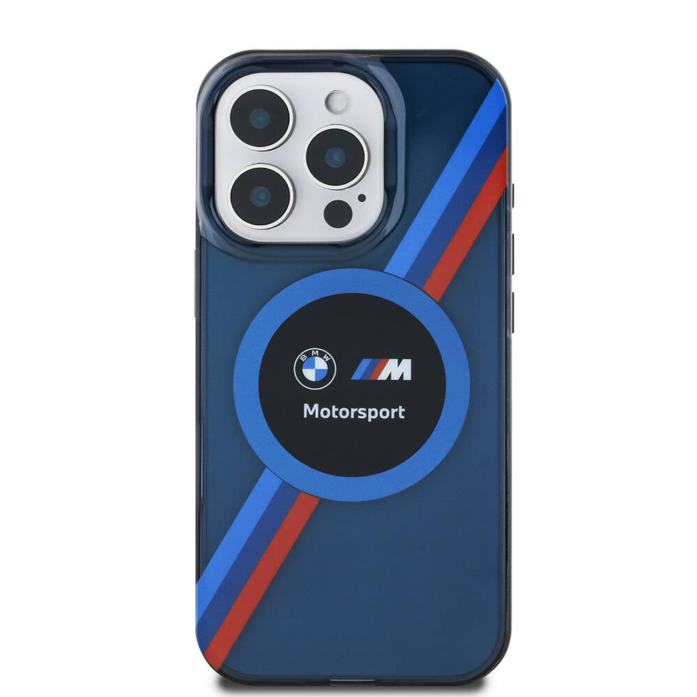 iPhone 16 Pro Kılıf BMW Orjinal Lisanslı Magsafe Şarj Özellikli M Logolu Üç Renk Çizgili Motorsport Circle Kılıf Lacivert