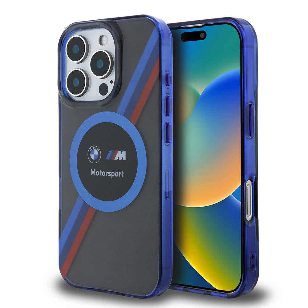 iPhone 16 Pro Kılıf BMW Orjinal Lisanslı Magsafe Şarj Özellikli M Logolu Üç Renk Çizgili Motorsport Circle Kılıf Lacivert