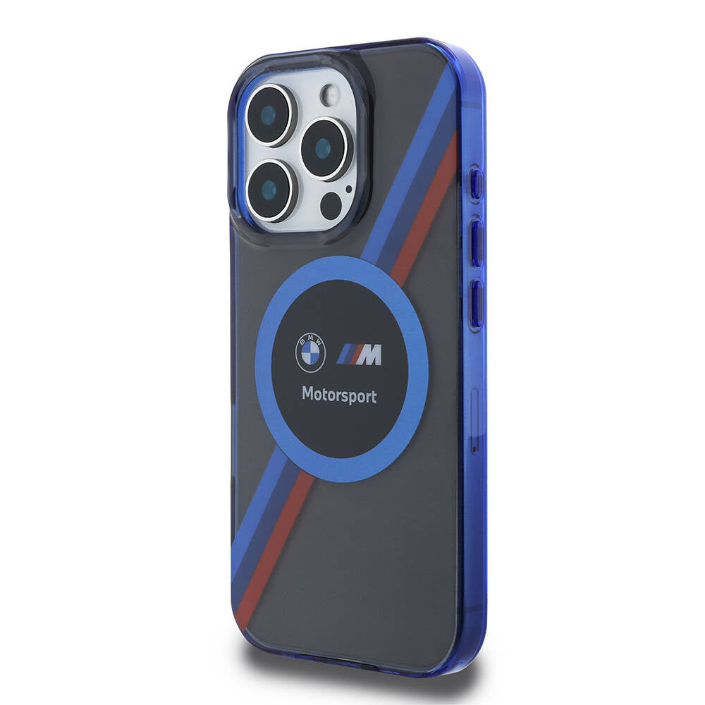 iPhone 16 Pro Kılıf BMW Orjinal Lisanslı Magsafe Şarj Özellikli M Logolu Üç Renk Çizgili Motorsport Circle Kılıf Lacivert