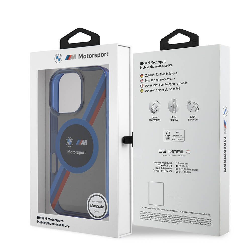 iPhone 16 Pro Kılıf BMW Orjinal Lisanslı Magsafe Şarj Özellikli M Logolu Üç Renk Çizgili Motorsport Circle Kılıf Lacivert