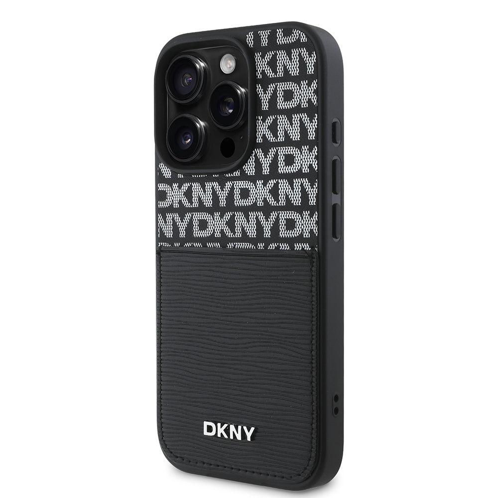 iPhone 16 Pro Kılıf DKNY Orjinal Lisanslı Kartlıklı 3D Yazılı Repeat Texture Pattern Kılıf Siyah