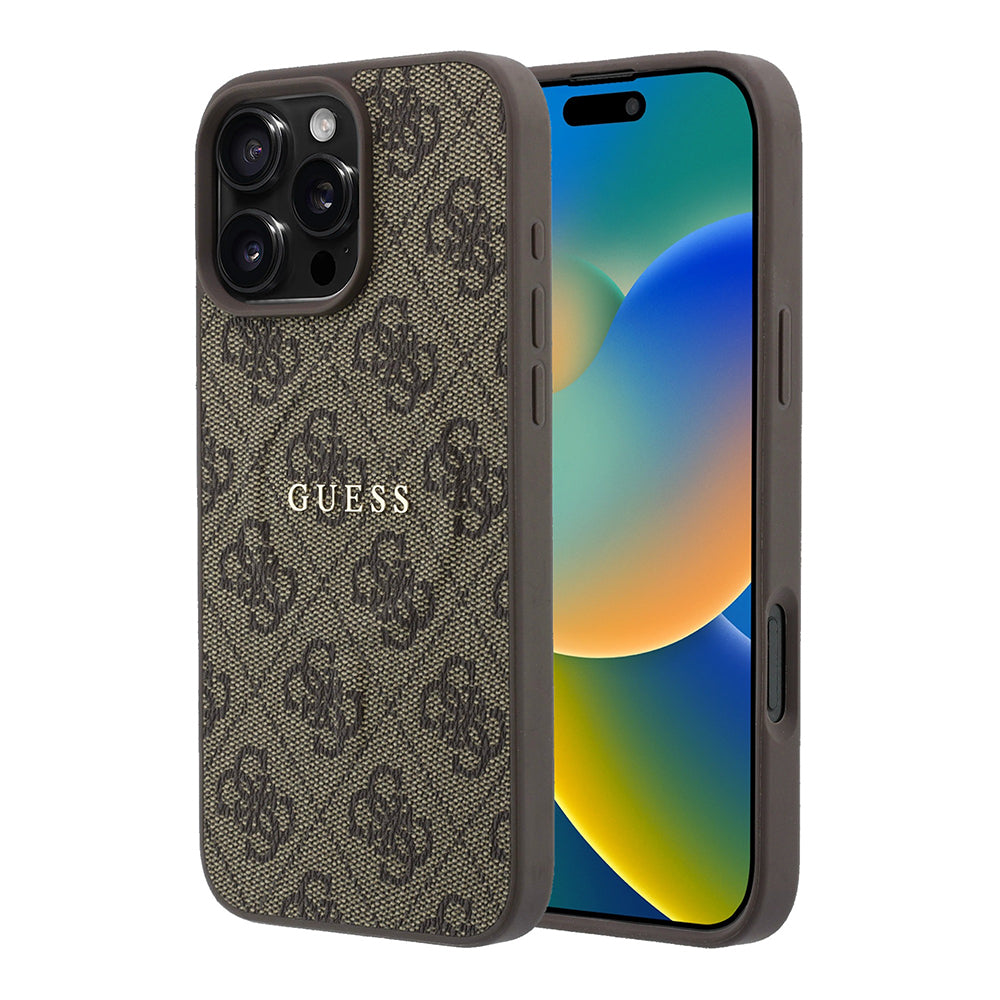 Apple iPhone 16 Pro Kılıf Guess Orjinal Lisanslı M-safe Kabartmalı 4G Desenli Yazı Logolu Kapak Kahverengi