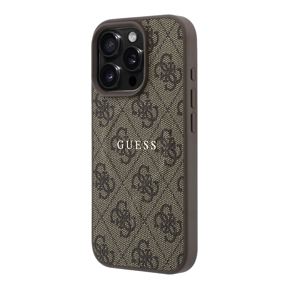 Apple iPhone 16 Pro Kılıf Guess Orjinal Lisanslı M-safe Kabartmalı 4G Desenli Yazı Logolu Kapak Kahverengi