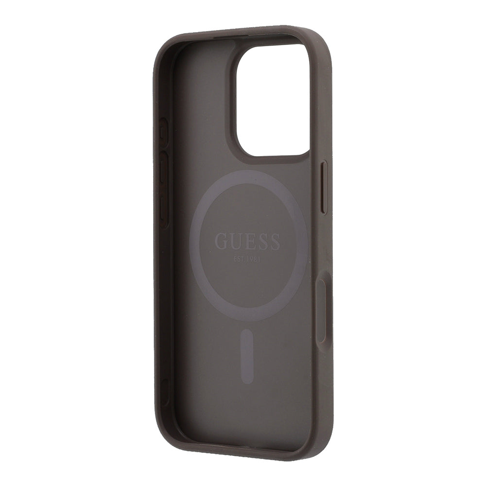 Apple iPhone 16 Pro Kılıf Guess Orjinal Lisanslı M-safe Kabartmalı 4G Desenli Yazı Logolu Kapak Kahverengi