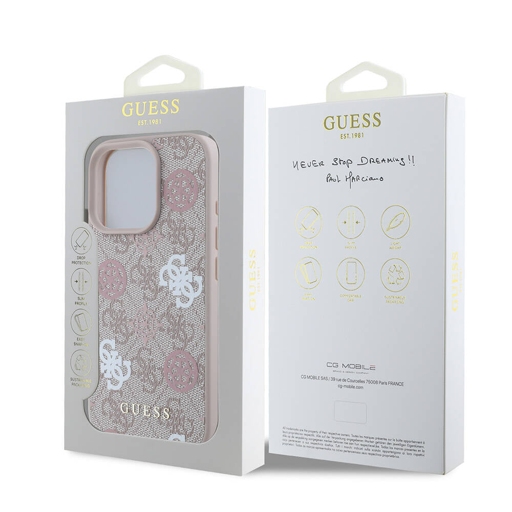 Apple iPhone 16 Pro Kılıf Guess Orjinal Lisanslı Magsafe Şarj Özellikli 4G Desenli Yazı Logolu Peony Kapak Kahverengi
