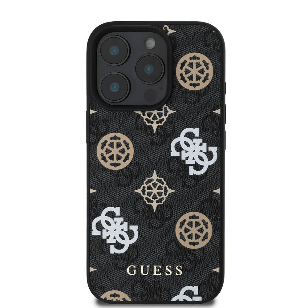 Apple iPhone 16 Pro Kılıf Guess Orjinal Lisanslı Magsafe Şarj Özellikli 4G Desenli Yazı Logolu Peony Kapak Kahverengi