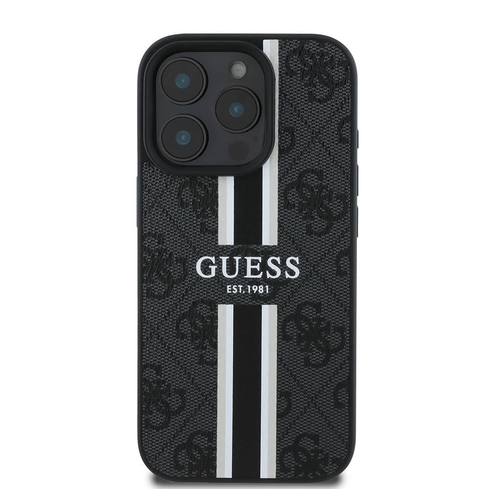 Apple iPhone 16 Pro Kılıf Guess Orjinal Lisanslı Magsafe Şarj Özellikli 4G Şerit Tasarımlı Printed Kapak Kahverengi