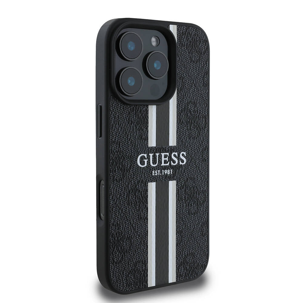 Apple iPhone 16 Pro Kılıf Guess Orjinal Lisanslı Magsafe Şarj Özellikli 4G Şerit Tasarımlı Printed Kapak Pembe