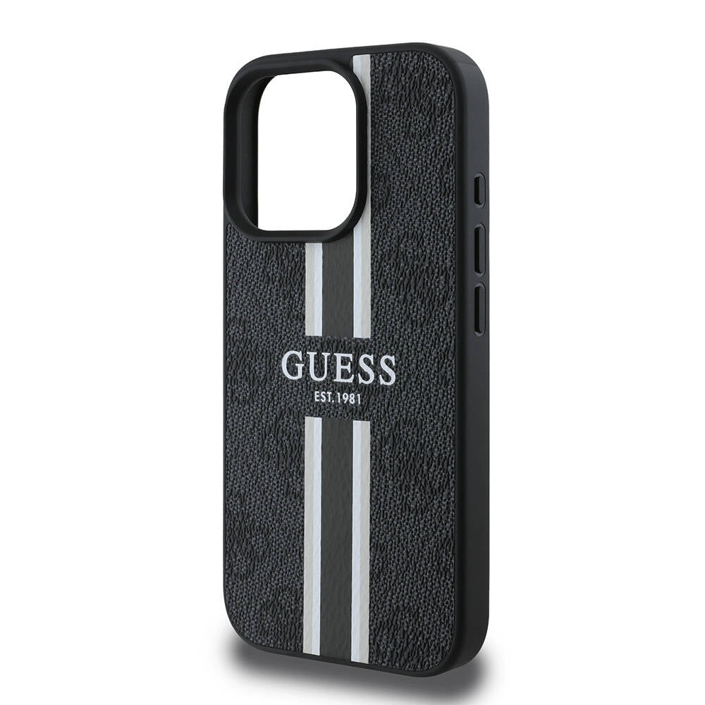 Apple iPhone 16 Pro Kılıf Guess Orjinal Lisanslı Magsafe Şarj Özellikli 4G Şerit Tasarımlı Printed Kapak Siyah