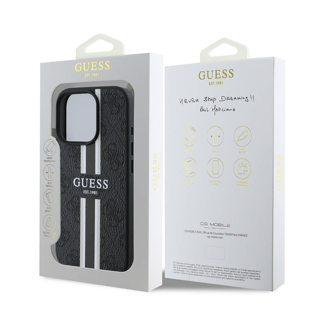 Apple iPhone 16 Pro Kılıf Guess Orjinal Lisanslı Magsafe Şarj Özellikli 4G Şerit Tasarımlı Printed Kapak Kahverengi
