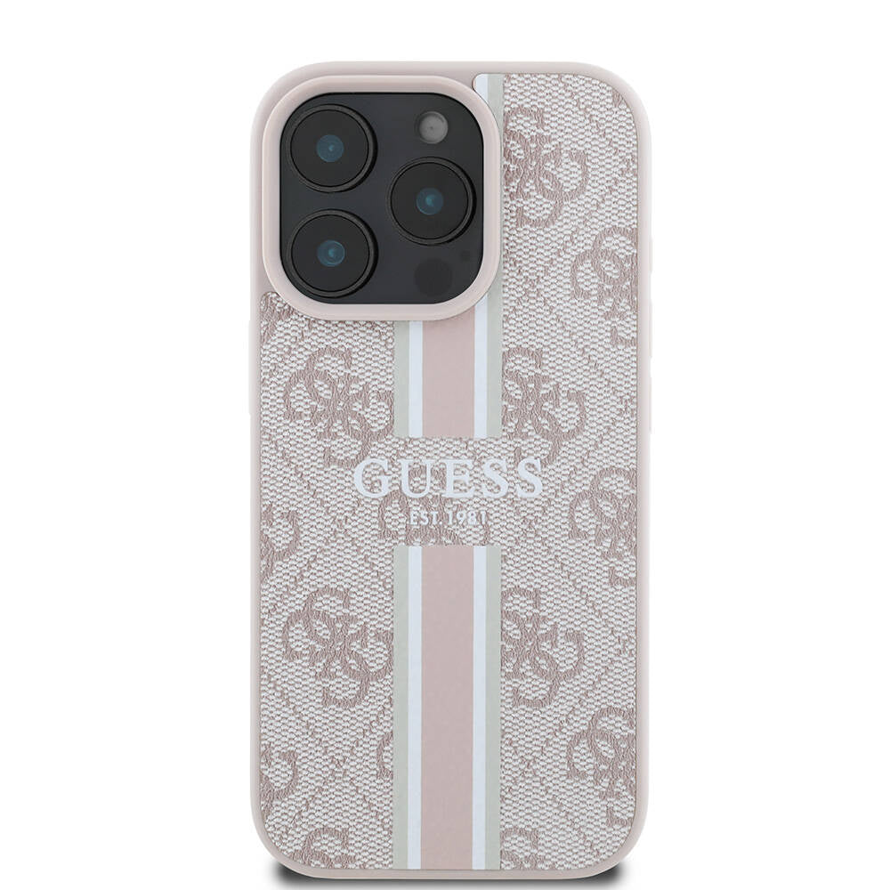 Apple iPhone 16 Pro Kılıf Guess Orjinal Lisanslı Magsafe Şarj Özellikli 4G Şerit Tasarımlı Printed Kapak Pembe