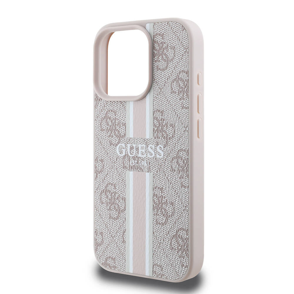 Apple iPhone 16 Pro Kılıf Guess Orjinal Lisanslı Magsafe Şarj Özellikli 4G Şerit Tasarımlı Printed Kapak Pembe
