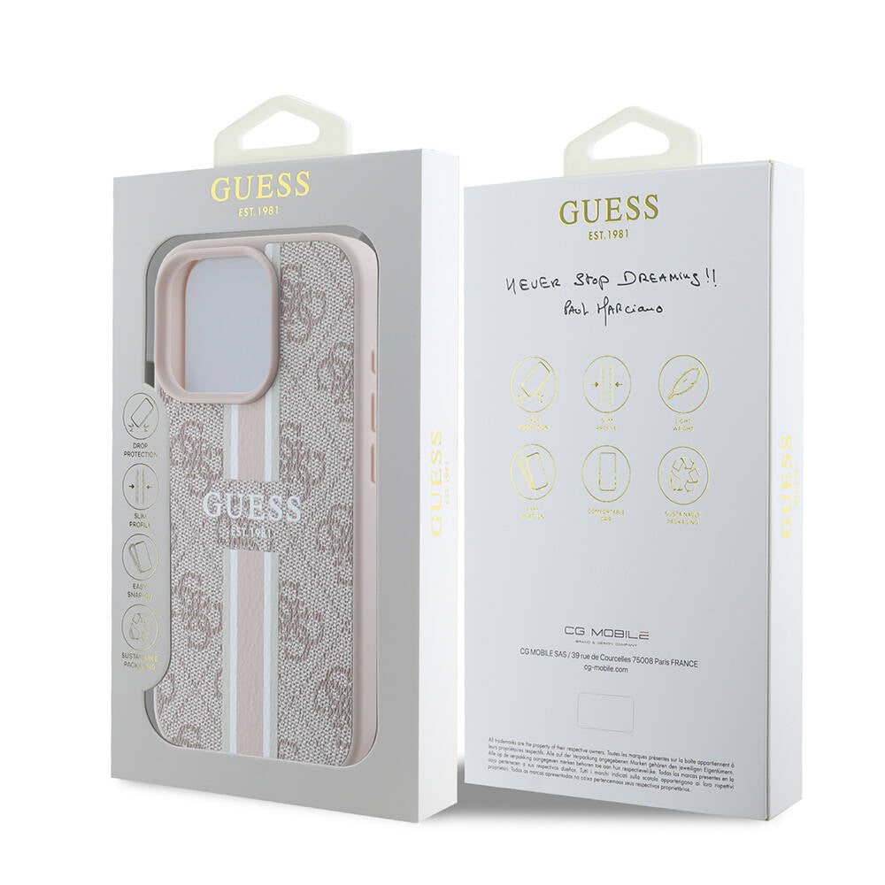 Apple iPhone 16 Pro Kılıf Guess Orjinal Lisanslı Magsafe Şarj Özellikli 4G Şerit Tasarımlı Printed Kapak Kahverengi