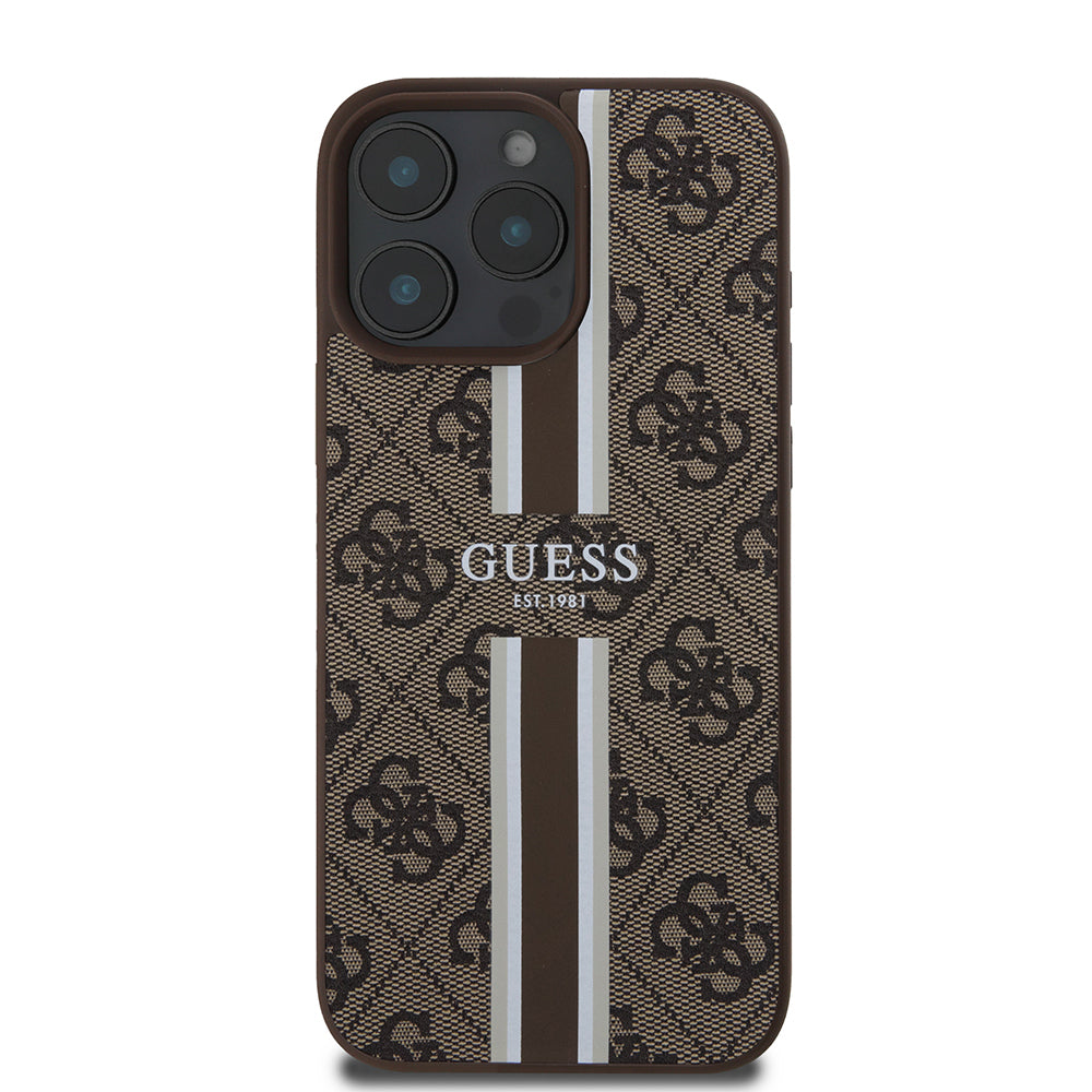 Apple iPhone 16 Pro Kılıf Guess Orjinal Lisanslı Magsafe Şarj Özellikli 4G Şerit Tasarımlı Printed Kapak Kahverengi