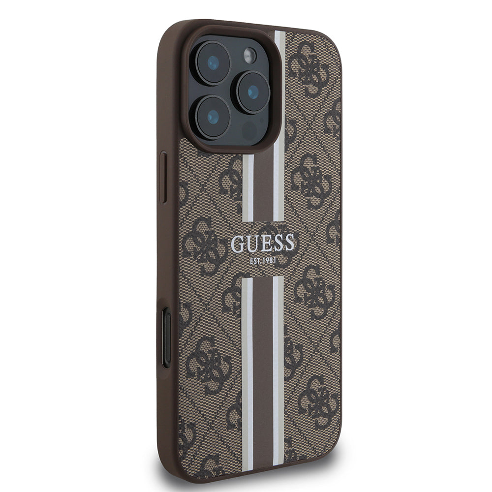 Apple iPhone 16 Pro Kılıf Guess Orjinal Lisanslı Magsafe Şarj Özellikli 4G Şerit Tasarımlı Printed Kapak Pembe