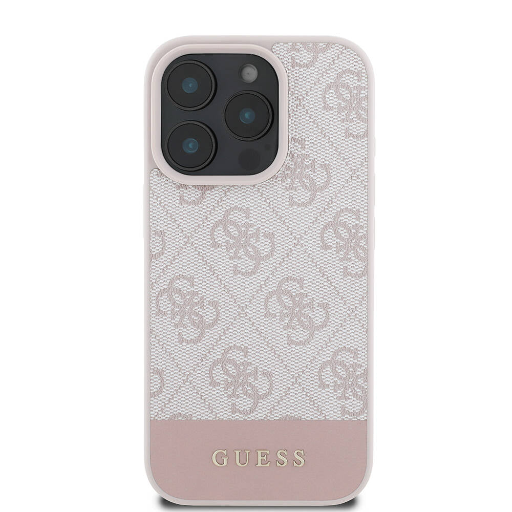 Apple iPhone 16 Pro Kılıf Guess Orjinal Lisanslı Magsafe Şarj Özellikli PU Deri Şerit Logo Dizaynlı Kapak Pembe