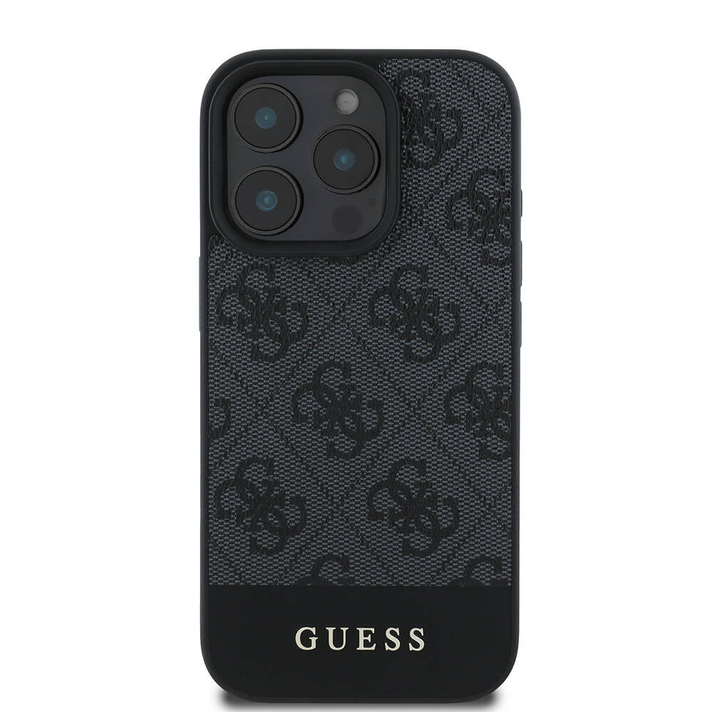 Apple iPhone 16 Pro Kılıf Guess Orjinal Lisanslı Magsafe Şarj Özellikli PU Deri Şerit Logo Dizaynlı Kapak Siyah